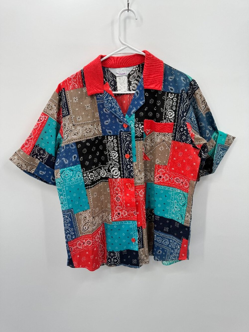 Vintage 90s Blair Bandana Patchwork Button Front Shirt Womens Medium USA Red